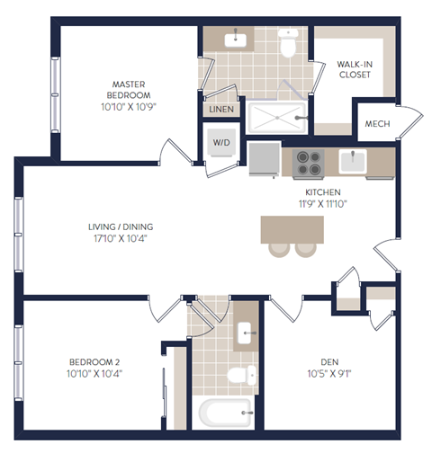 Floor plan for 3 beds, 2 baths, 920 sqft